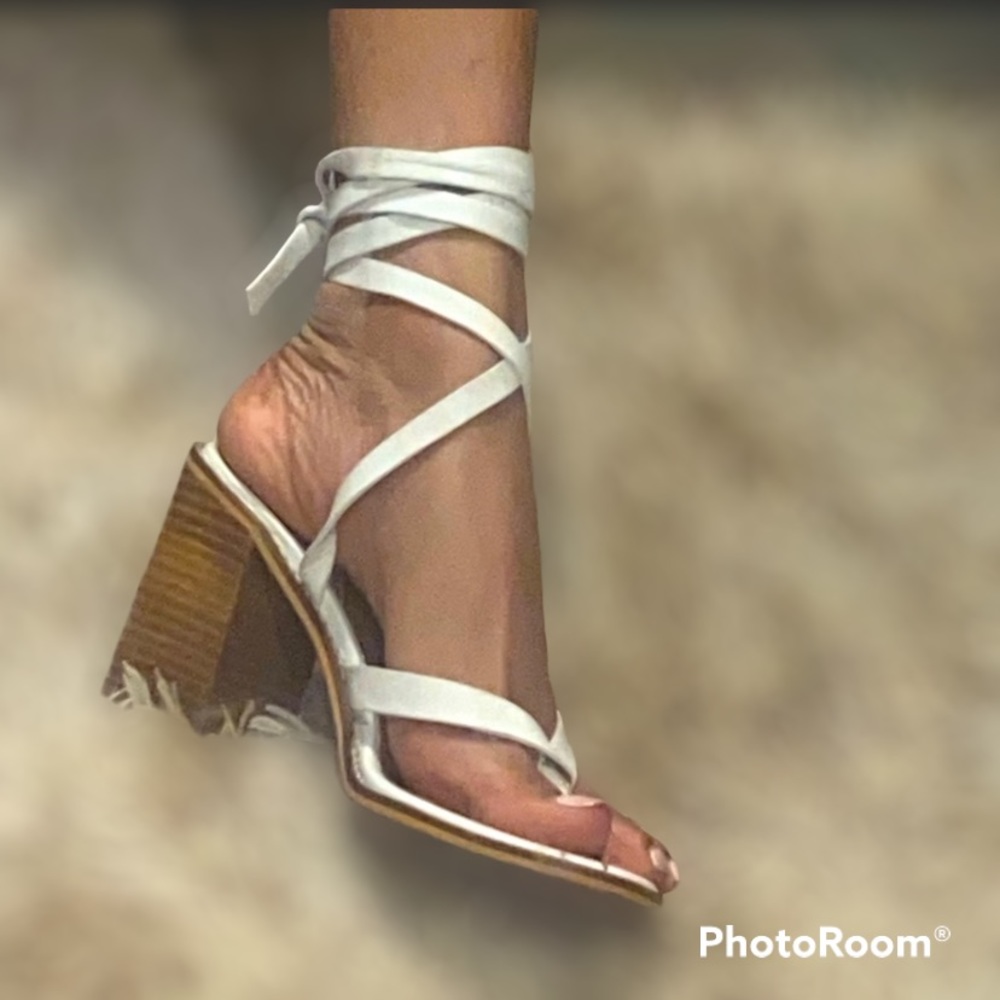 White Lace Up Wooden Block Heel Sandals